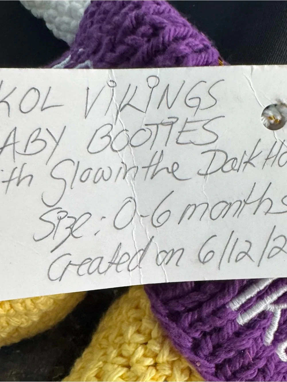 Source Unknown Purple and Yellow Crocheted Baby Walker Shoes with 'VIKES'